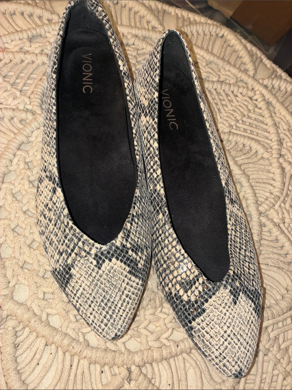 Vionic Snake-Print Pointed Flats in Black and Beige